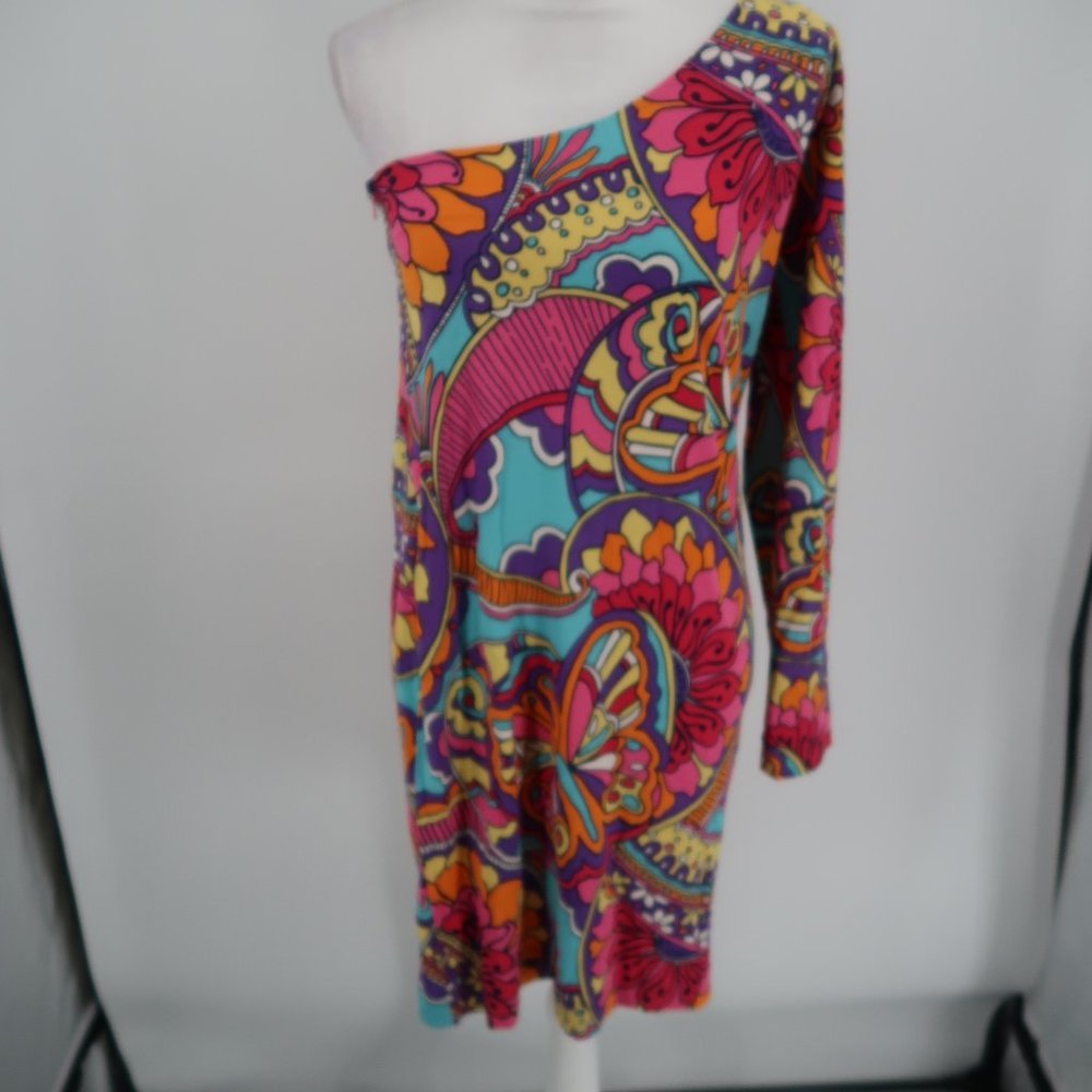 Lilly Pulitzer One Shoulder Floral Bodycon Dress Size Large 70's Vibes